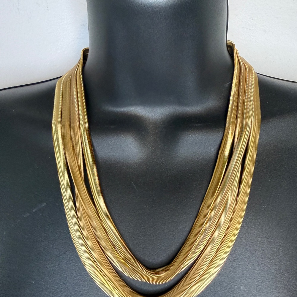 Vintage Quadruple Flat Snake Chain Statement Necklace Gold Tone